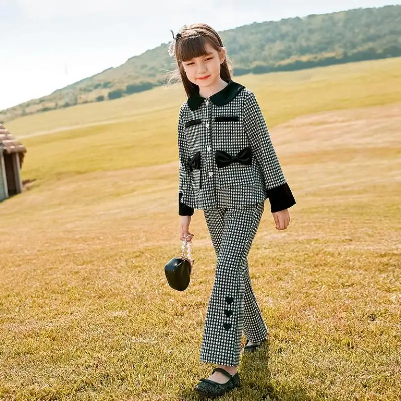 

2 Piece Autumn Long Sleeve Shirts Pants Suit For Girls Plaid Print Turn Down Collar Blouse With Bow Loose Casual Flare Trousers