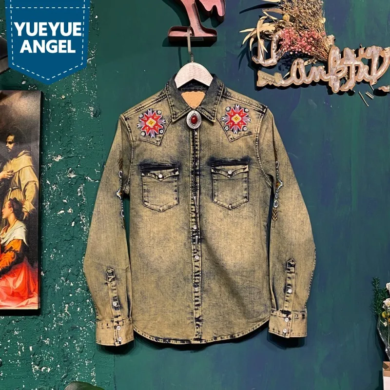 

Embroidery Design Japanese Style Vintage Mens Casual Denim Shirt Turn-Down Collar Single Breasted Blouse 2022 Spring Autumn