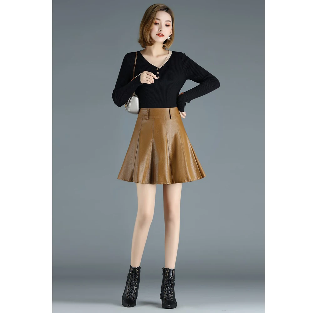 Мини-юбка плиссированная из ПУ кожи Осень-зима Элегантная короткая
