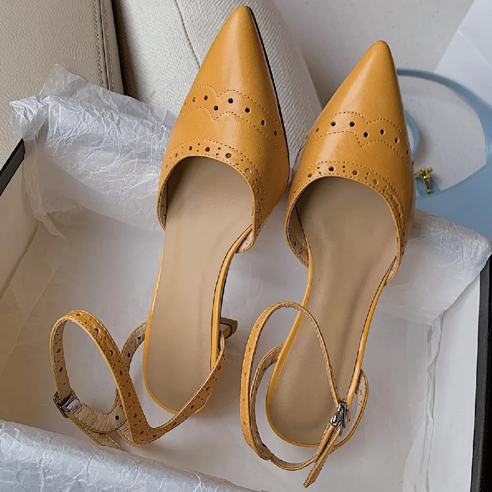 

Women's genuine leather thin high heel pointed toe ankle strap sandals elegant ladies carving biritsh style evening dress shoes