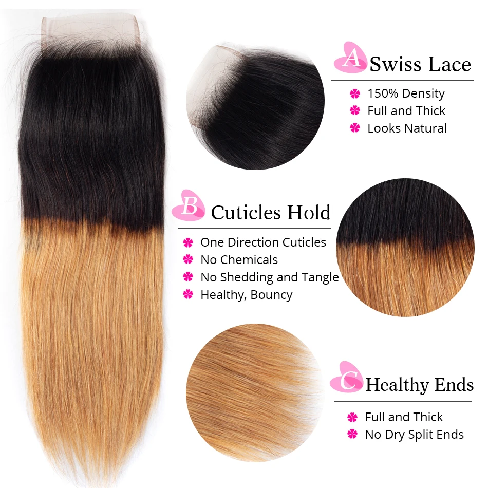 Recool волосы медовые светлые пряди с закрытием бразильские прямые пучки