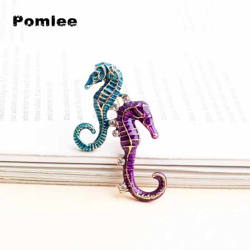 Женская эмалированная брошь Pomlee, в форме гиппокампа, 2 цвета, кораллы, морские звезды