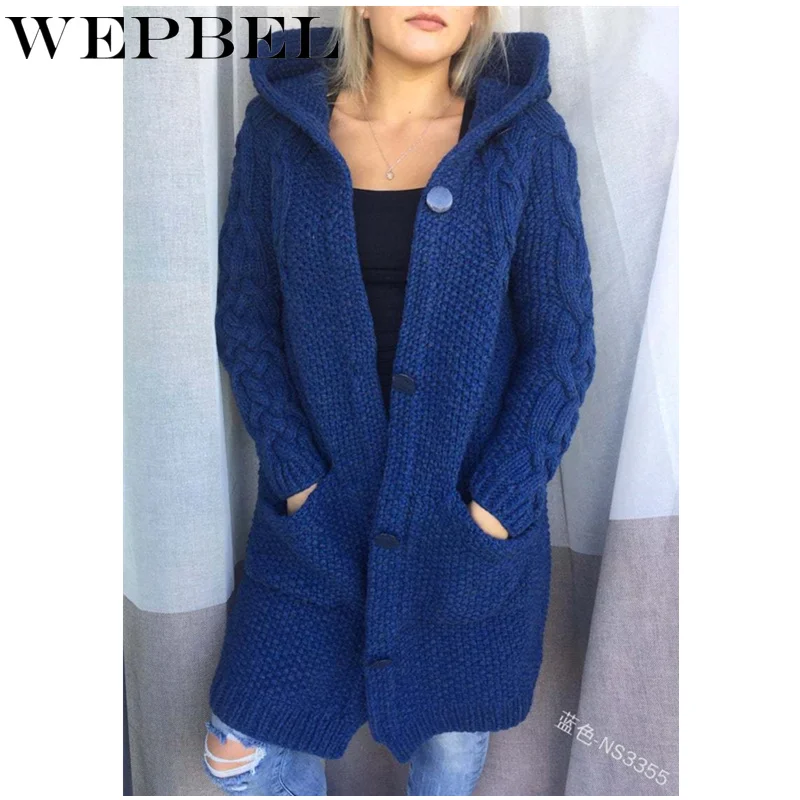 

WEPBEL Women Long Sleeve Single Breasted Pocket Knitwear Outwear Winter Hooded Knitted Cardigan Sweater Long Coat Ladies Elegant