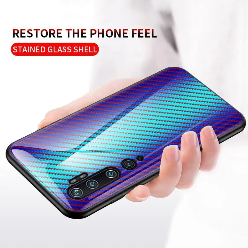 KEYSION Tempered Glass Case For Xiaomi Mi Note 10 Pro Gradient carbon fiber Back Cover for CC9 9 Lite |