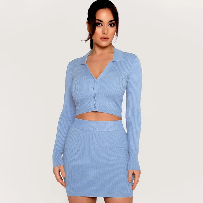 

Knitting Ribbed Fashion Women Two Piece Sets Long Sleeve Sexy Bodycon Outfits Button Crop Top And Skirt Co-ord Set