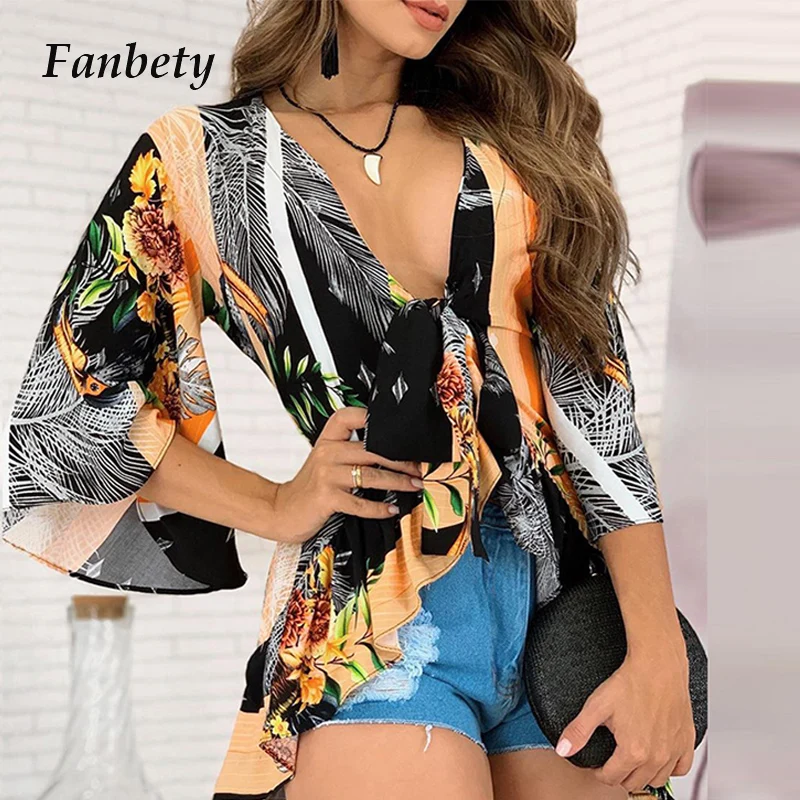 

Женская блузка с поясом-кушаком, Повседневная Свободная блузка в пляжном стиле с глубоким V-образным вырезом и Расклешенным рукавом, одежда ...