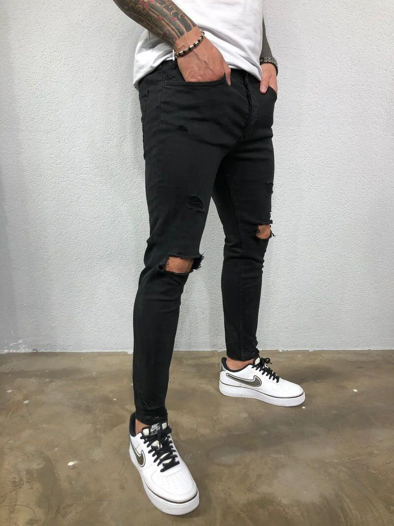 

Men Jeans Black Blue Cool Skinny Knee Hole Ripped Stretch Slim Elastic Denim Pants Solid Color High Street Style Trousers Man