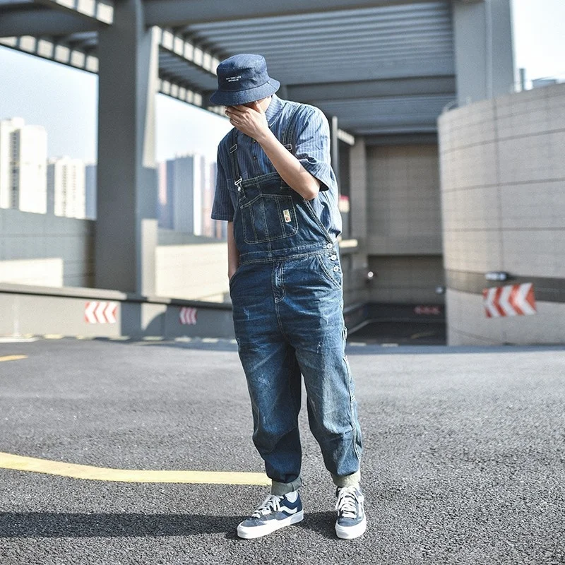 Mens Fashion Suspender Denim Overalls Vintage Safari Casual Hip Hop Loose Fit Cargo Pants Autumn Streetwear Long Jeans Rompers
