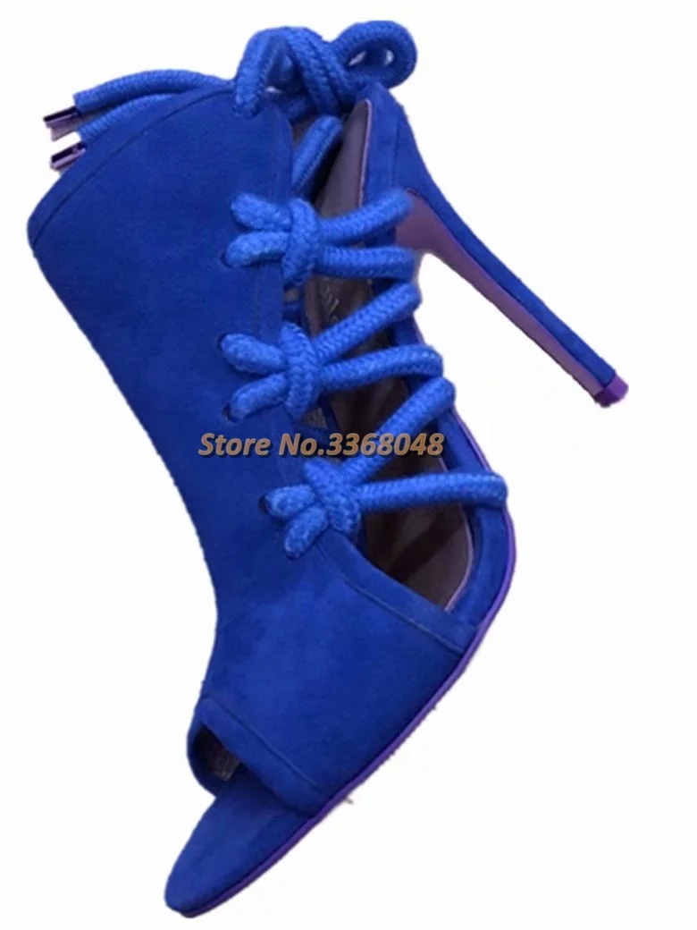Harga Sandal Hollow Up Renda Suede Telanjang Ujung Terbuka Stiletto Hak Tinggi Memotong Mengikat Rumbai Pinggiran Kaki Terbuka Sandal Gaun Tali Pergelangan Kaki