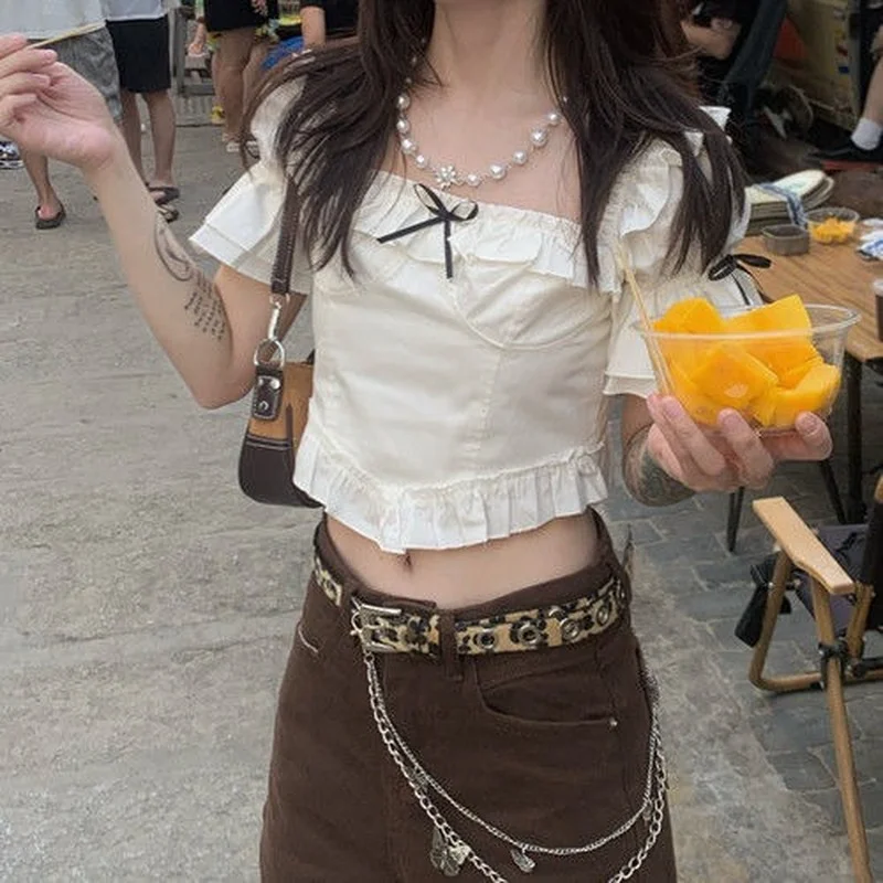 

White Blouses Women French Sweet Puff Sleeve Cropped Ruffles Sexy All-match Ins Daily Korean Retro Slim Ulzzang Female College