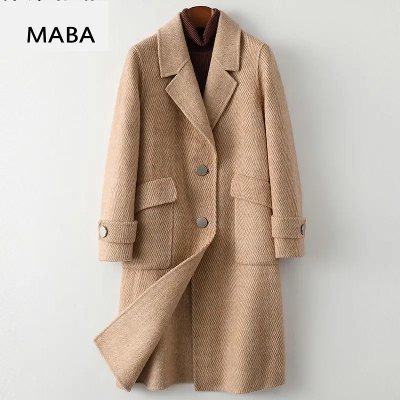 

Рождественское шерстяное длинное пальто, женская зимняя свободная однобортная уличная одежда с отложным воротником, Корейская простая каш...