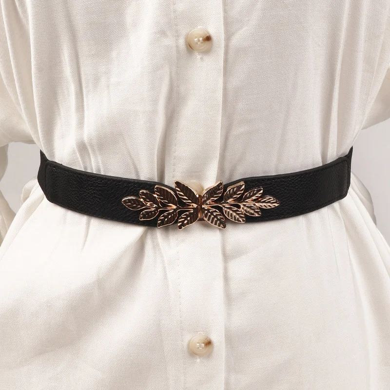 

Fashion Elastic Belt For Women High quality Leaf Buckle Waist Straps Lady Dress Coat Sweater Decoration Waistband Girdle