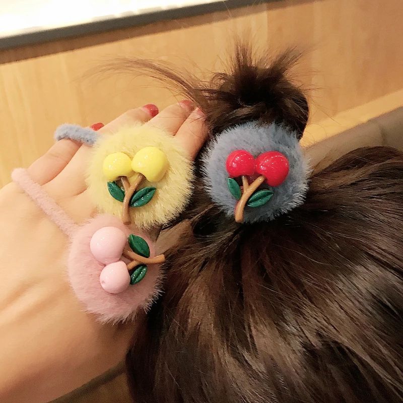 Sweet Cherry Hair Rope Ties For Girls Candy Color Faux Fur Elastic Bands Accessories 1PC Women Korean Plush Scrunchies |