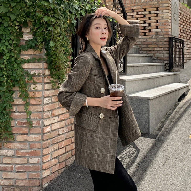 Женский клетчатый пиджак Bella Philosophy винтажный двубортный с отложным воротником