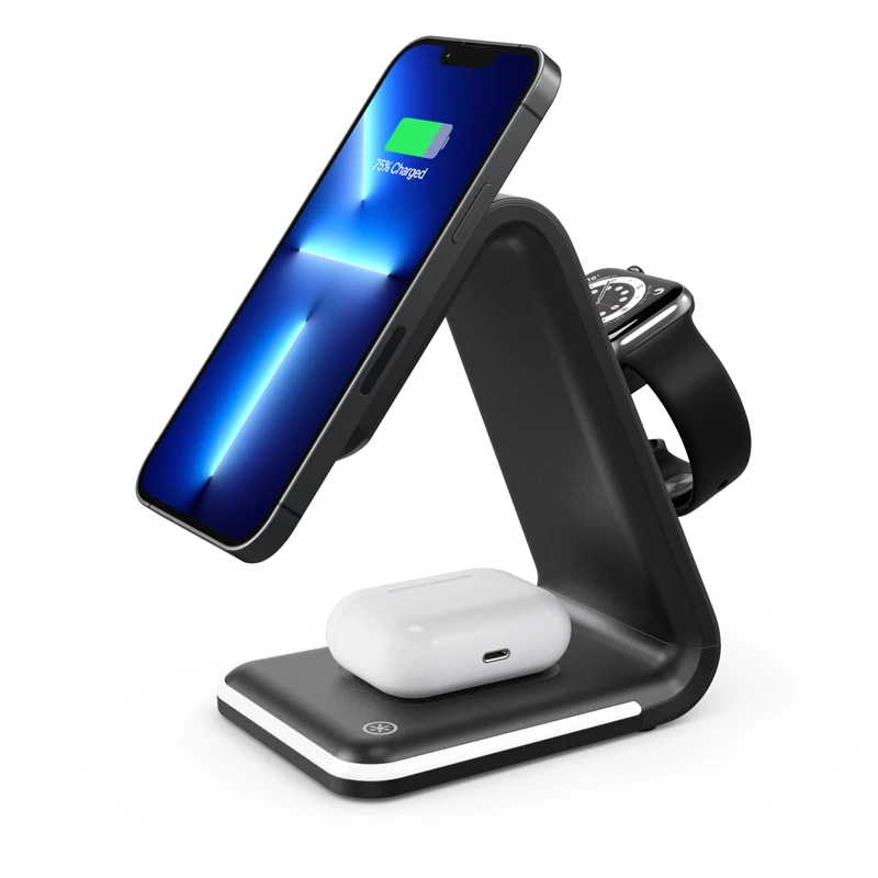 15W Qi Magnetic Wireless Charging StandFor iPhone 11 12 13 X 8 Apple Watch 3 in 1 LED Light Charging Base for Airpods Pro iWatch