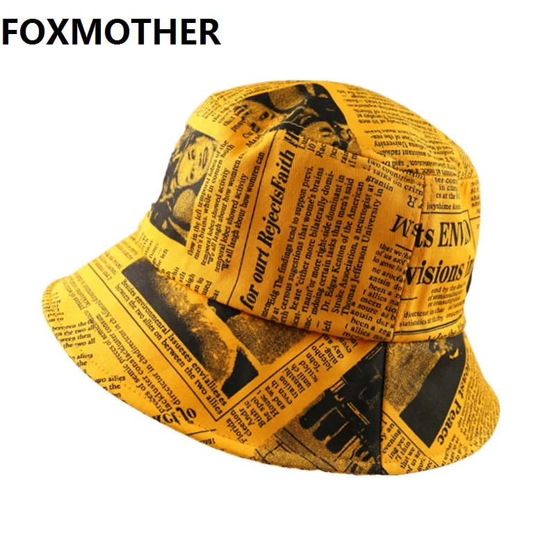 Панама FOXMOTHER с принтом газет для мужчин и женщин, модная шляпа от солнца, в стиле хип-хоп, уличная Кепка с принтом, черная/белая