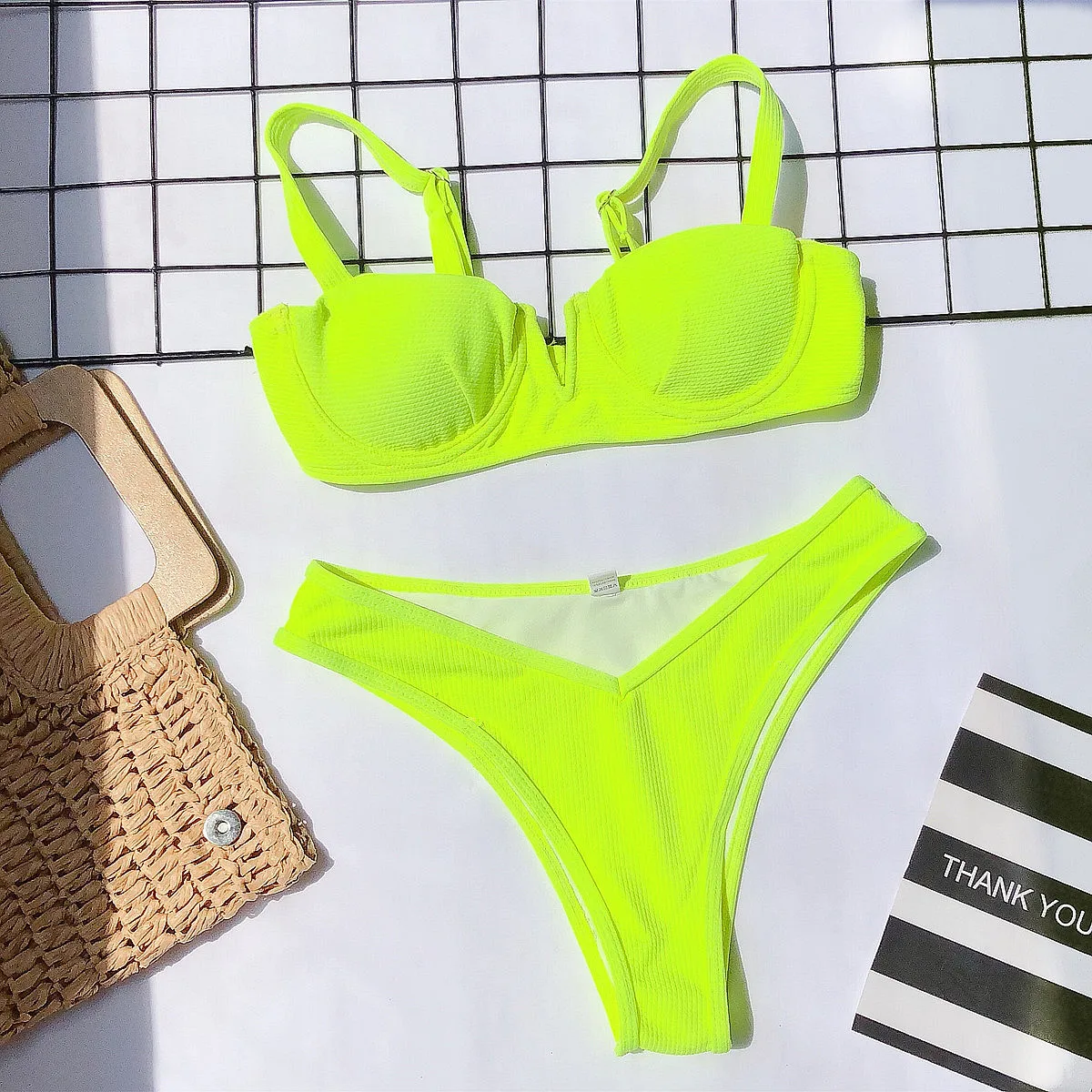 

Sexy Neon Green Bikini 2pcs Set 2022 Women Ribbed Underwire Push Up Brazilian Thong Swimsuit Swimwear Bathing Suit Beach Biquini