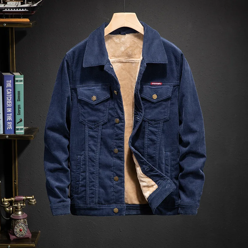 

Autumn Winter Corduroy Harajuku Cargo Mens Denim Jackets Youth Fashion Solid Color Plus Velvet Thicken Warm Cowboy Coats for Men