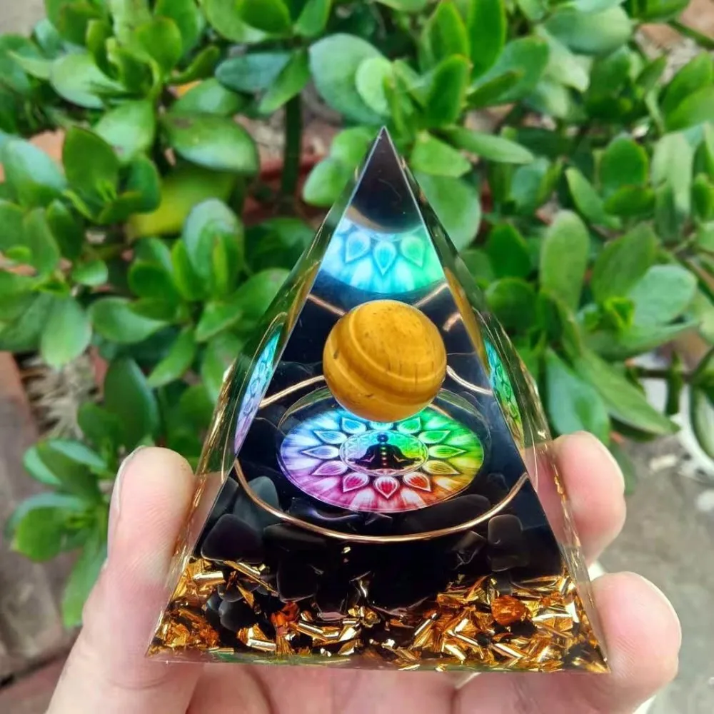 

Hand Made Orgonite Pyramid Purple Crystal Sphere With Obsidian Natural Cristal Ornaments for Office Home Desk