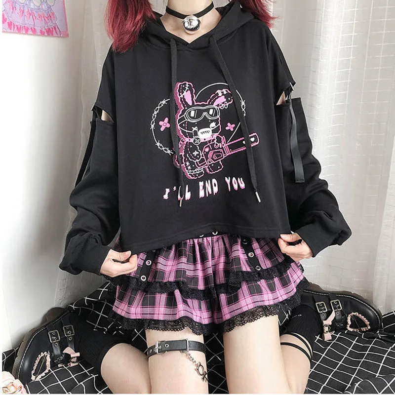 

Hoodie bunny print Women Harajuku Kpop Gothic punk Autumn Winter Kawaii Sweatshirt Hoody Female Aesthetic tee black grunge