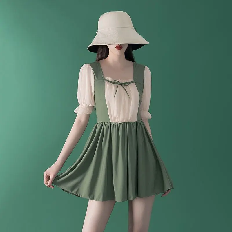 

Bath Clothes Woman 2022 Conservative One-Piece Cover Belly Slimming European American Skirt Style Hot Spring Student Swimsuit