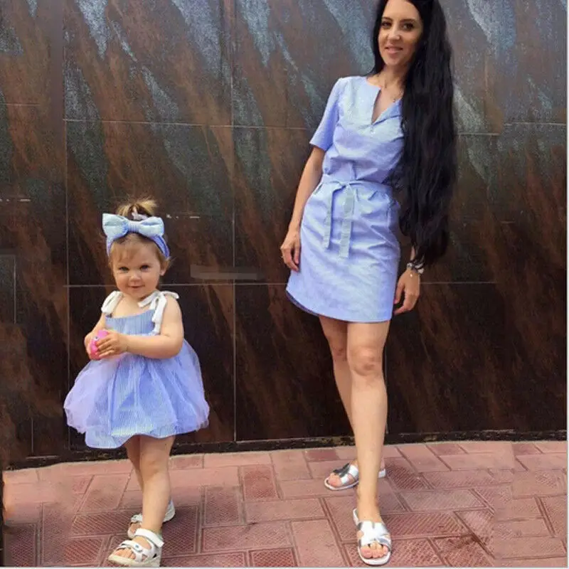 Платье для мамы и дочки в синюю полоску одинаковые платья | Детская одежда обувь