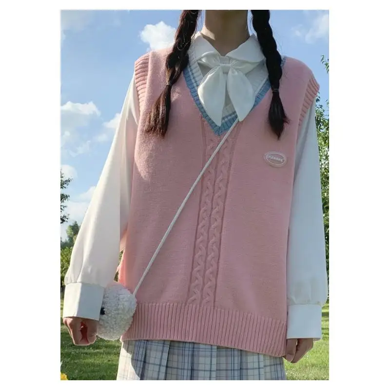 

Pink JK Sweater Coats V Neck Navy Sailor Suit Japanese School Uniform Sweater Girls Pleated Vestidos Vintage Coat For JK dress