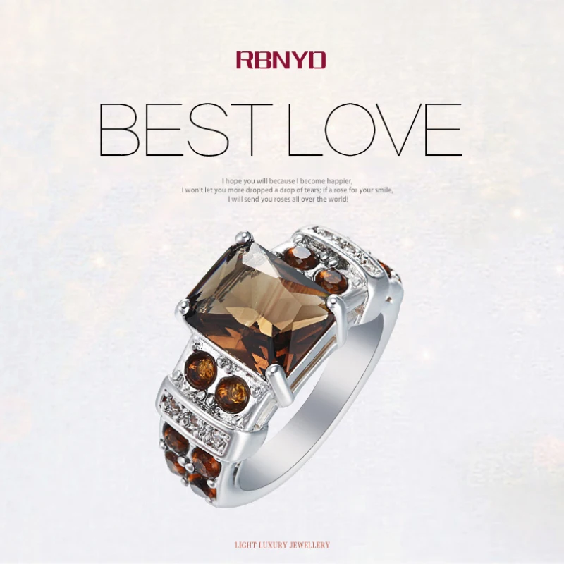 Кольцо RBNYD с кубическим цирконием, посеребренное кольцо с коричневым прямоугольным цирконием, посеребренное ювелирное изделие для женщин, свадьба 6 7 8 9 10