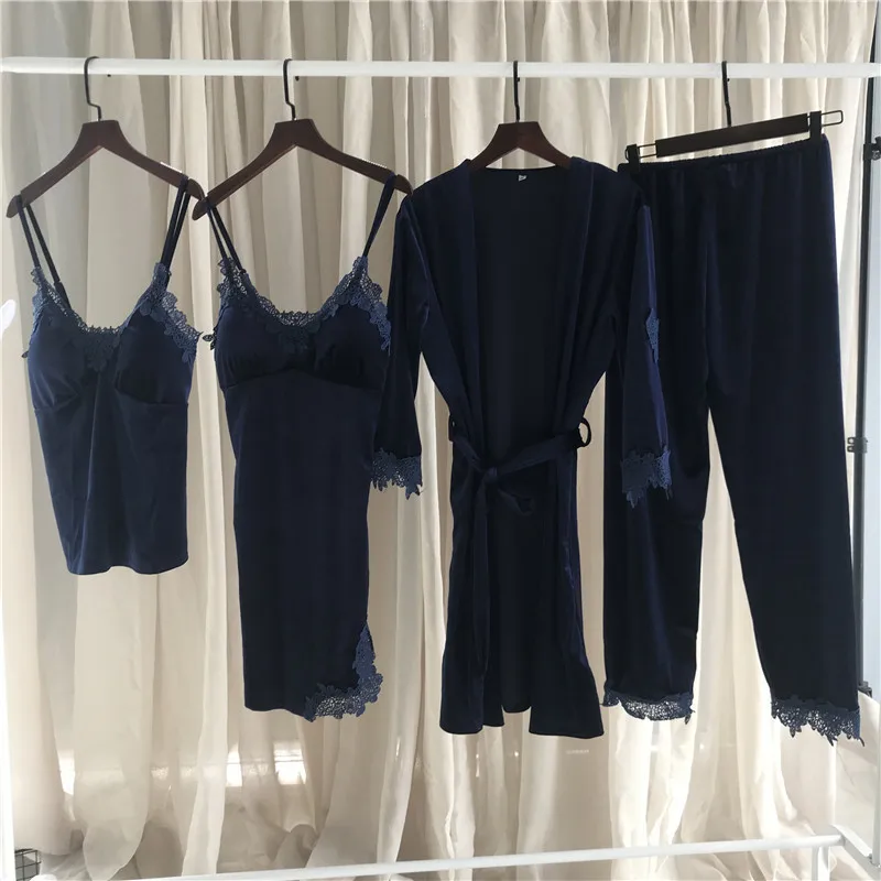 Осенняя Новинка золотой бархатный мягкий комплект из 4 предметов женский халат