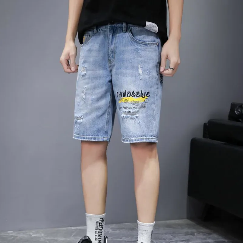 

2021 Personality Hole Loose Washed Cotton Denim Cropped Trousers Male pants men Clothes Summer New Men's Straight shorts Jeans