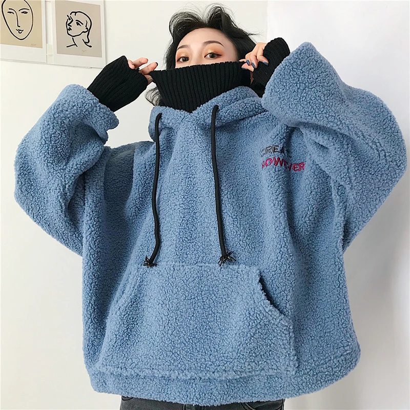 Winter Autumn Fake Two-piece Warm Lamb Wool Hooded Sweatshirts 2021 Knitted Halter Loose Tops Coats Ladies Fashion Genshin Mpact