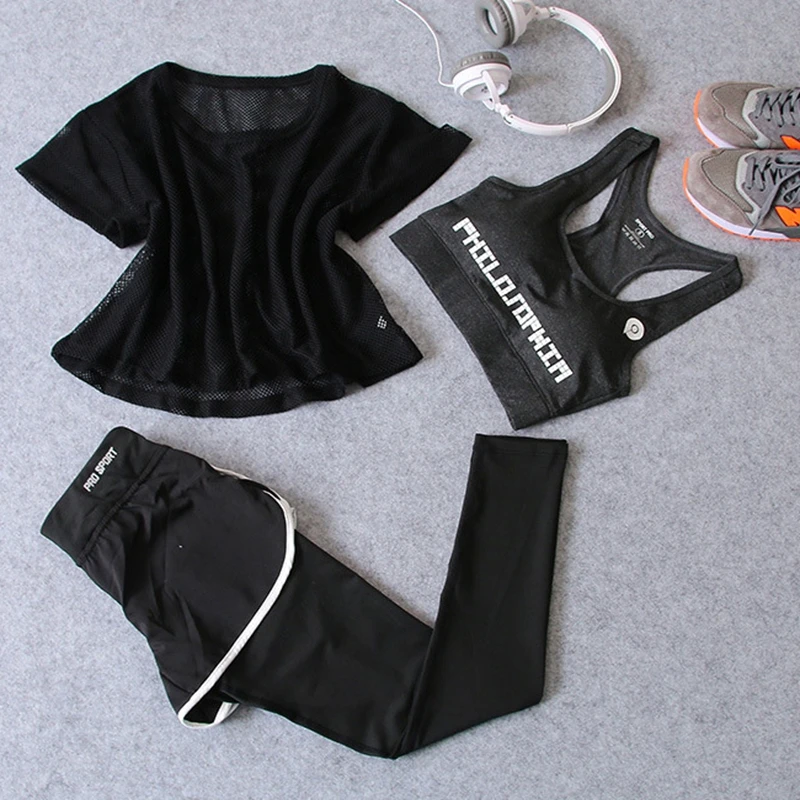 

Women Gym yoga T-shirt+Bra +shorts pant 3pcs suit female Ladies Gym Jogging Sport Set