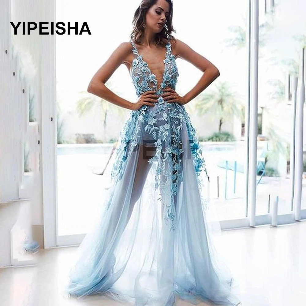 

2021 New Sexy See-Through Lace Appliques Evening Dress Backless Sleeveless Tulle IIIusion Prom Party Gown robe de soirée