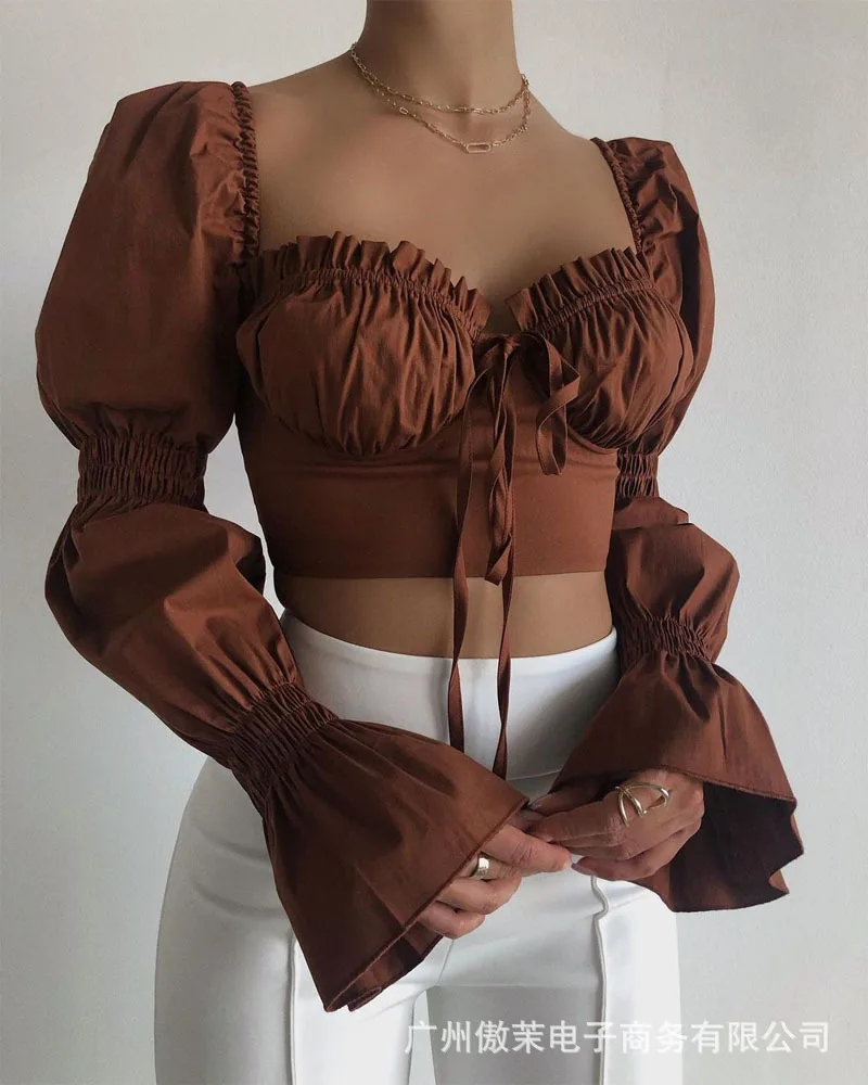 

Spot 2021 New Short Top with Fungus Women Top Long Sleeve Blouse Ladies Blouses