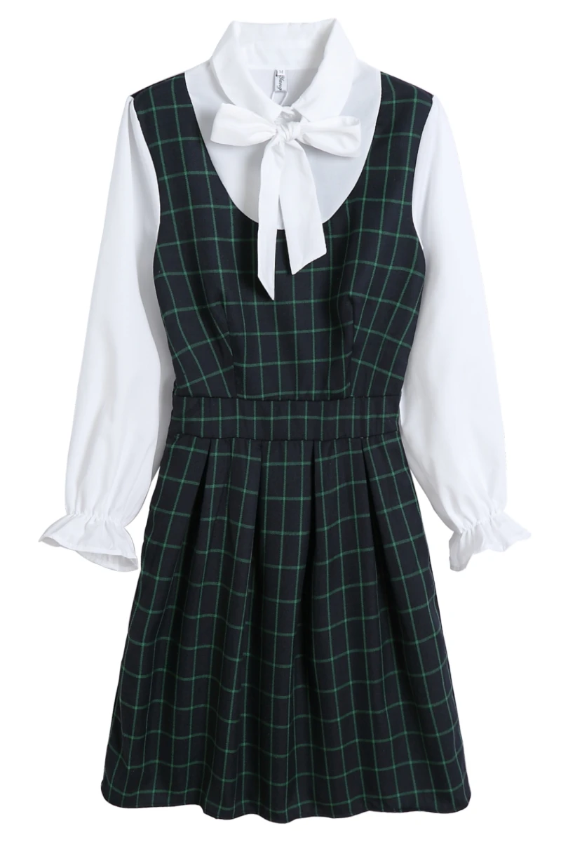kawaii plaid dress spring preppy style bow long sleeve sweet college pleated Mori girl cute | Женская одежда