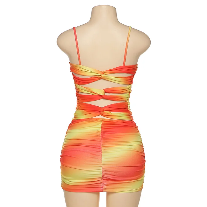 

2021 Trendy Women Summer Sexy Slim Backless Rainbow Sleeveless Dress Girls Bodycon Above Knee Shoulder Girdle Club Skirt