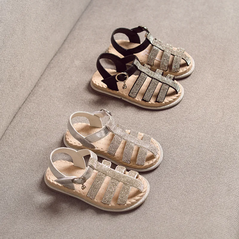 Летние детские сандалии принцессы пляжные со стразами для маленьких девочек