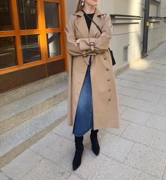Fashion Woman Pisa Trench COAT BLACK/khaki Double Breasted cotton blend Drop Shoulder belted cuffs Oversized Long coats | Женская одежда