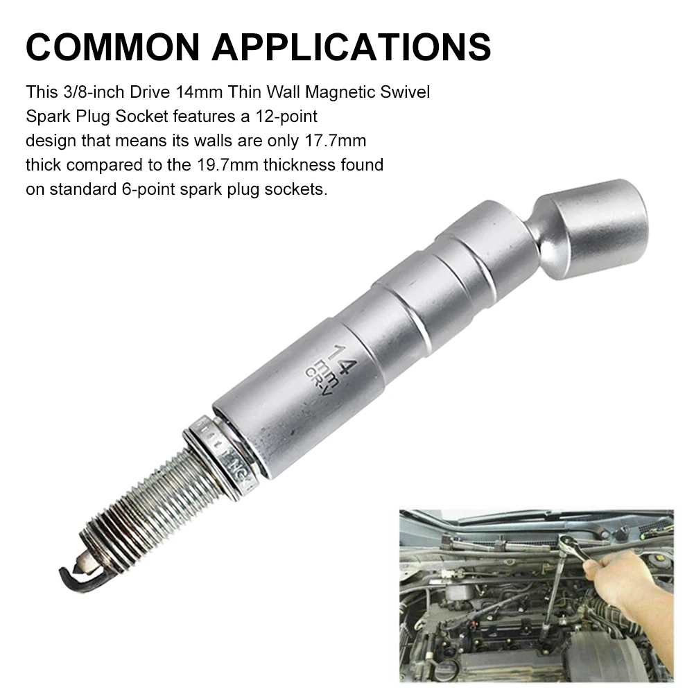 

Swivel Magnetic Spark Plug Socket 14mm 12-Point Thin Wall Socket 3/8"Drive Spark Plug Removal Tool for BMW Mini Nissan Accessory
