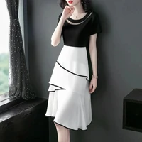 black white chiffon summer dresses for women simple ruffle patchwork elegant oversize short sleeve hollow out female clothes
