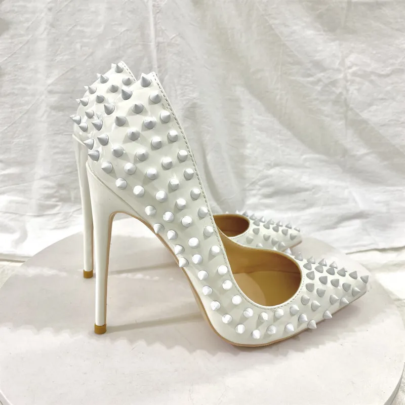 

NoEnName_Null-12cm Rivets Women Sexy High Heels White rivet high heels Fashion Pointy Toe Party Pumps Slip On Stilettos Shoes