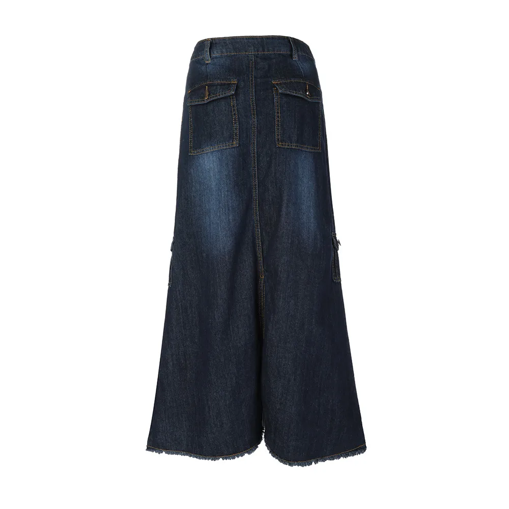 Женская джинсовая юбка макси прямая Длинная со средней талией карманом и
