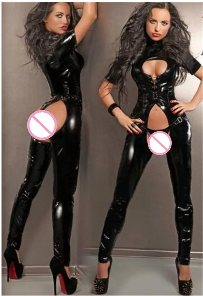 Черный соблазнительный латексный костюм-кошка из искусственной кожи с эффектом