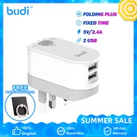 budi 12w foldable plug 2 usb universal mobile phone charger wall ac fixed time power charger home or travel xiaomi iphone ipad