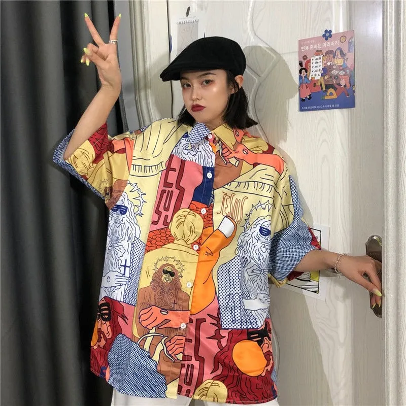 

NiceMix Harajuku top Turn-down Collar plus size tops blouse women 2020 summer top vintage korean fashion clothing shirts