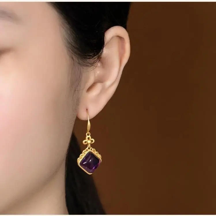 S925 Sterling Silver Gold-Plated Natural Hetian Jade Personality Pattern Geometric Women's Elegant Earrings Eardrop Earring New |