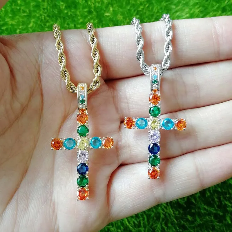 MISSFOX Colorful Diamond Man's Pendant Jesus Religion Cross Pattern Anka Necklace Charm Design Jewelry For Male New Item 2020 |