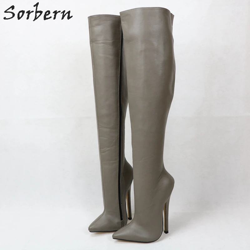 Sorbern/Сапоги до колена с жестким голенищем; женские сапоги до середины голени на заказ; унисекс; большие размеры 18 см; сапоги на шпильке для веганов; персонализированное голенище - Цвет: Серый