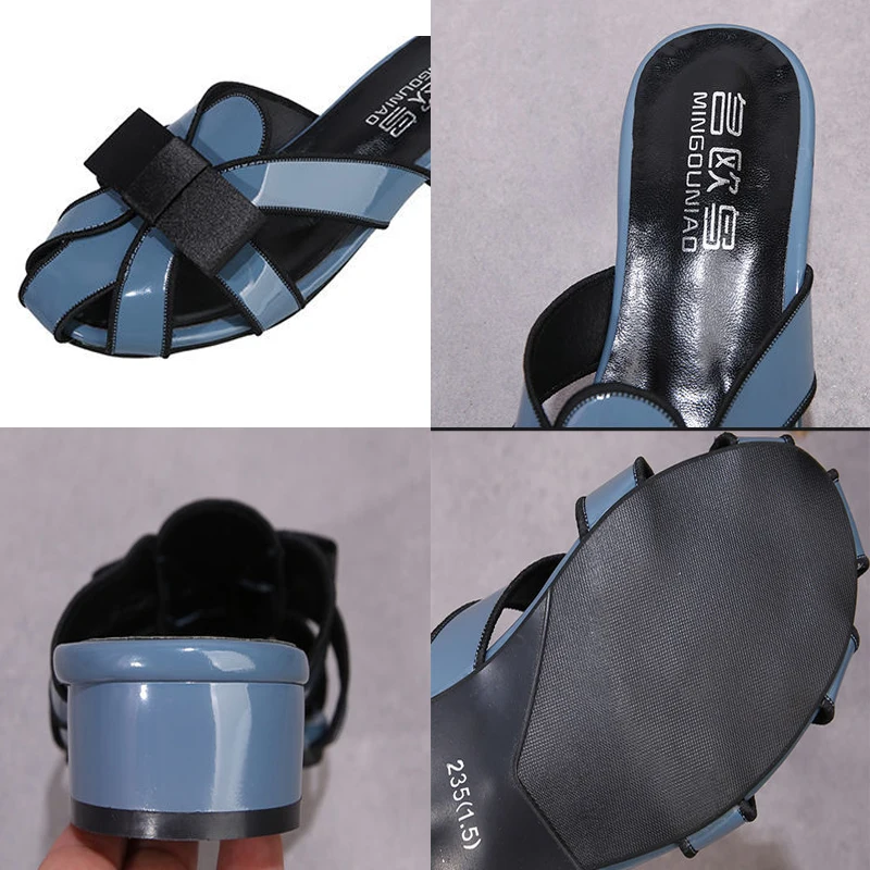 Patent Leather Comfort Square Heel Slippers Retro Hollow Butterfly-knot Light Wearable Designer Slides Summer Women Sandals