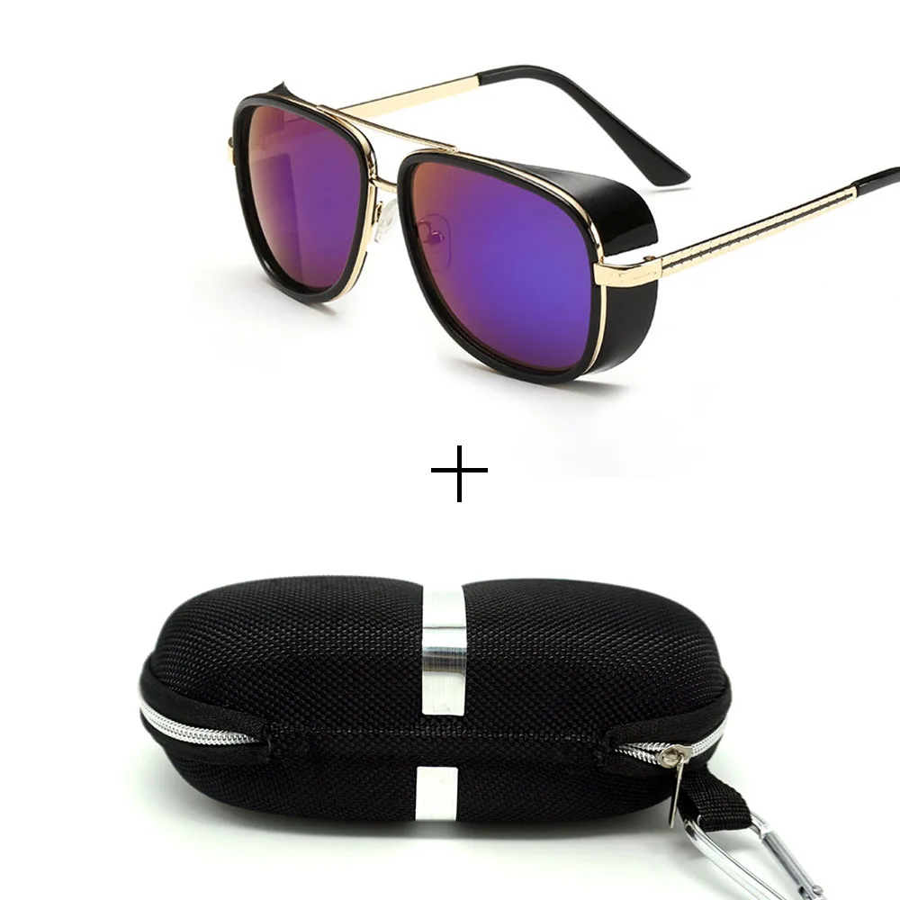 Glasses and case Минимальный мужской стимпанк солнцезащитные очки тони старк железный человек солнцезащитные очки ретро винтажные очки стимпанк солнцезащитные очки UV400 - Цвет линз: Glasses and case